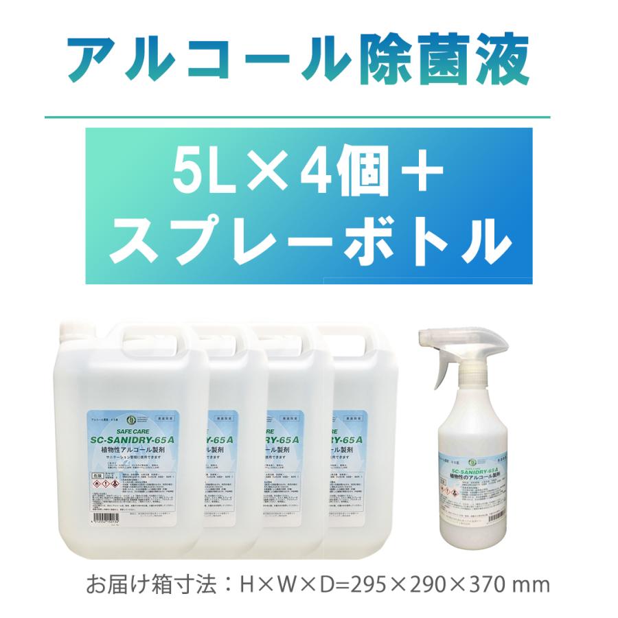 除菌スプレー アルコール除菌液 消毒液 業務 大容量 肌に優しい 植物性 Sc Sanidry 65a 5リットルx4 サニードライ 空き容器 500mlスプレーボトルx1 セット Gs Imm 通販 Paypayモール