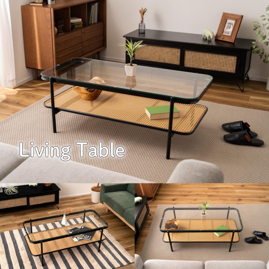 リビングテーブル ガラステーブル 幅110cm おしゃれ シンプル ブラック ディスプレイ収納 棚 インダストリアル ラタン テーブル 机 | 