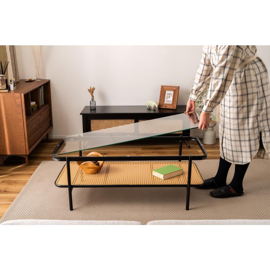 リビングテーブル ガラステーブル 幅110cm おしゃれ シンプル ブラック ディスプレイ収納 棚 インダストリアル ラタン テーブル 机 |  | 11