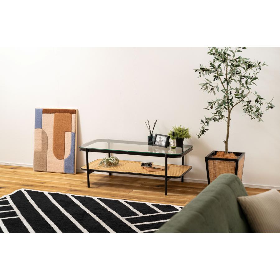 リビングテーブル ガラステーブル 幅110cm おしゃれ シンプル ブラック ディスプレイ収納 棚 インダストリアル ラタン テーブル 机 |  | 01