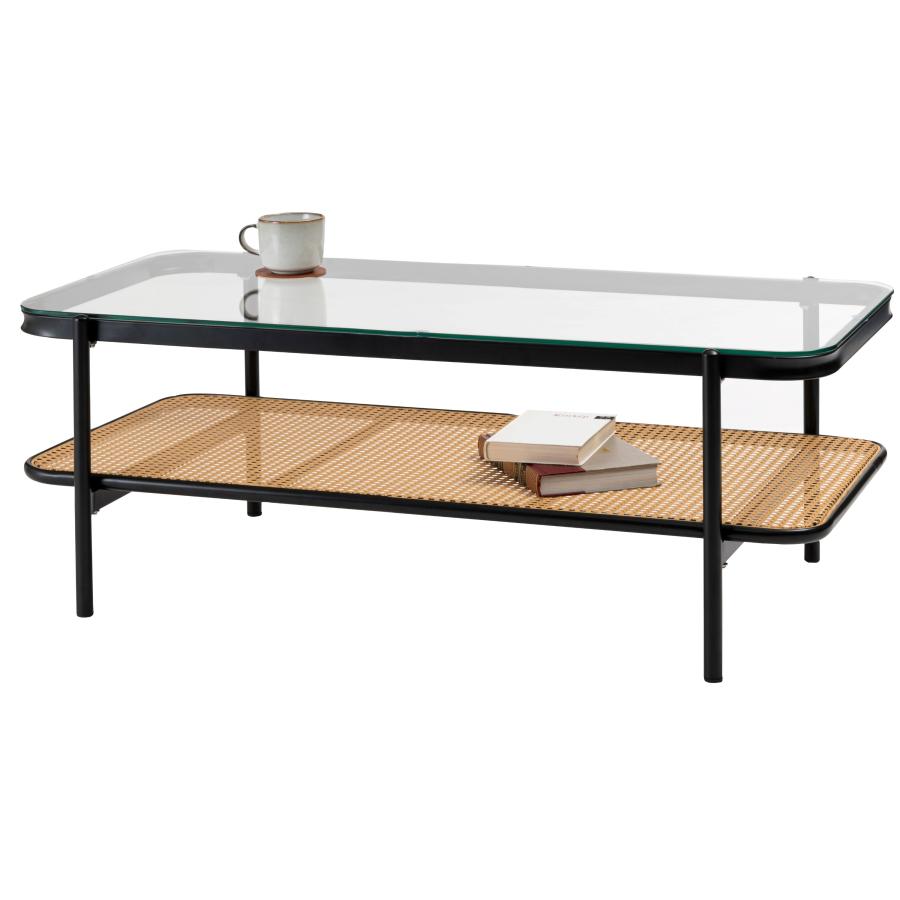 リビングテーブル ガラステーブル 幅110cm おしゃれ シンプル ブラック ディスプレイ収納 棚 インダストリアル ラタン テーブル 机 |  | 18