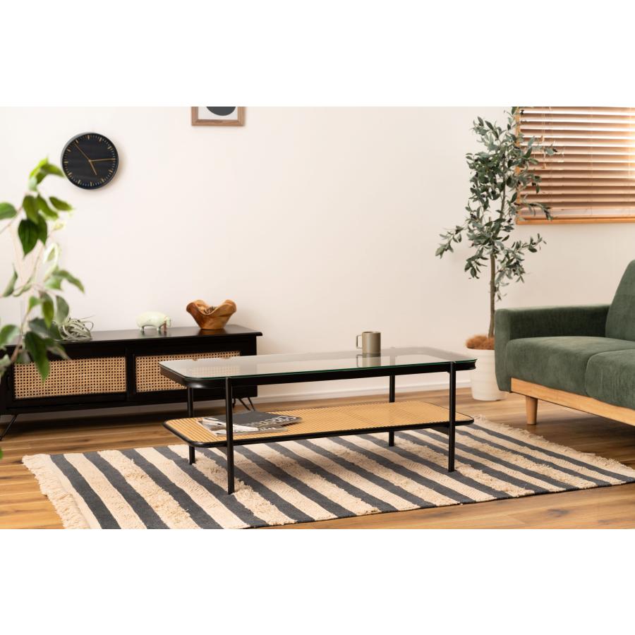 リビングテーブル ガラステーブル 幅110cm おしゃれ シンプル ブラック ディスプレイ収納 棚 インダストリアル ラタン テーブル 机 |  | 02