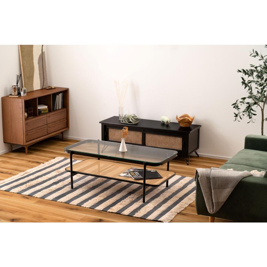 リビングテーブル ガラステーブル 幅110cm おしゃれ シンプル ブラック ディスプレイ収納 棚 インダストリアル ラタン テーブル 机 |  | 03