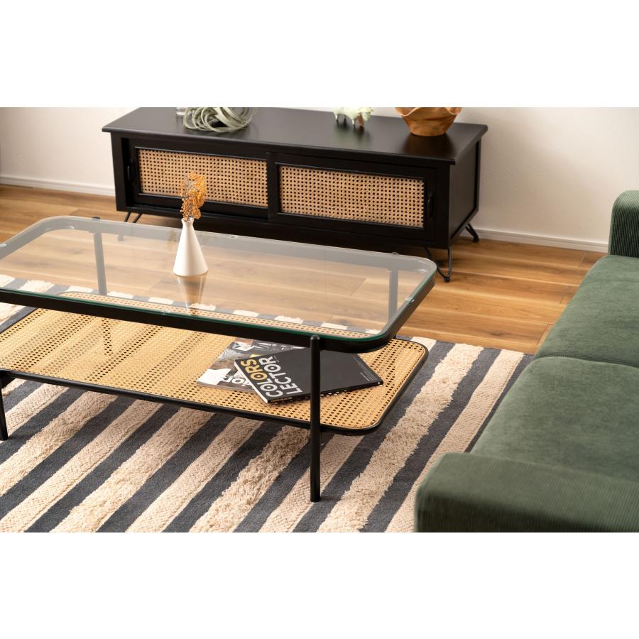 リビングテーブル ガラステーブル 幅110cm おしゃれ シンプル ブラック ディスプレイ収納 棚 インダストリアル ラタン テーブル 机 |  | 04