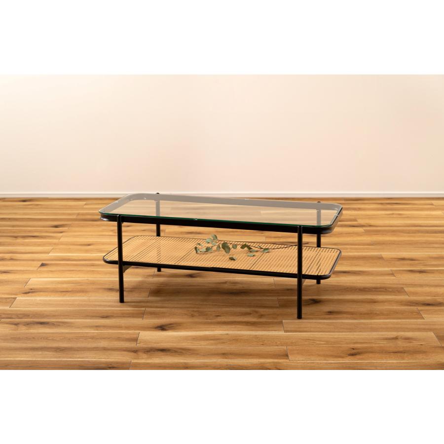 リビングテーブル ガラステーブル 幅110cm おしゃれ シンプル ブラック ディスプレイ収納 棚 インダストリアル ラタン テーブル 机 |  | 15