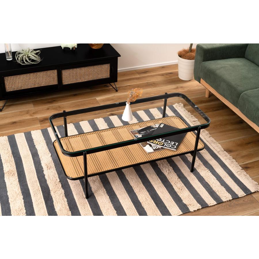 リビングテーブル ガラステーブル 幅110cm おしゃれ シンプル ブラック ディスプレイ収納 棚 インダストリアル ラタン テーブル 机 |  | 05