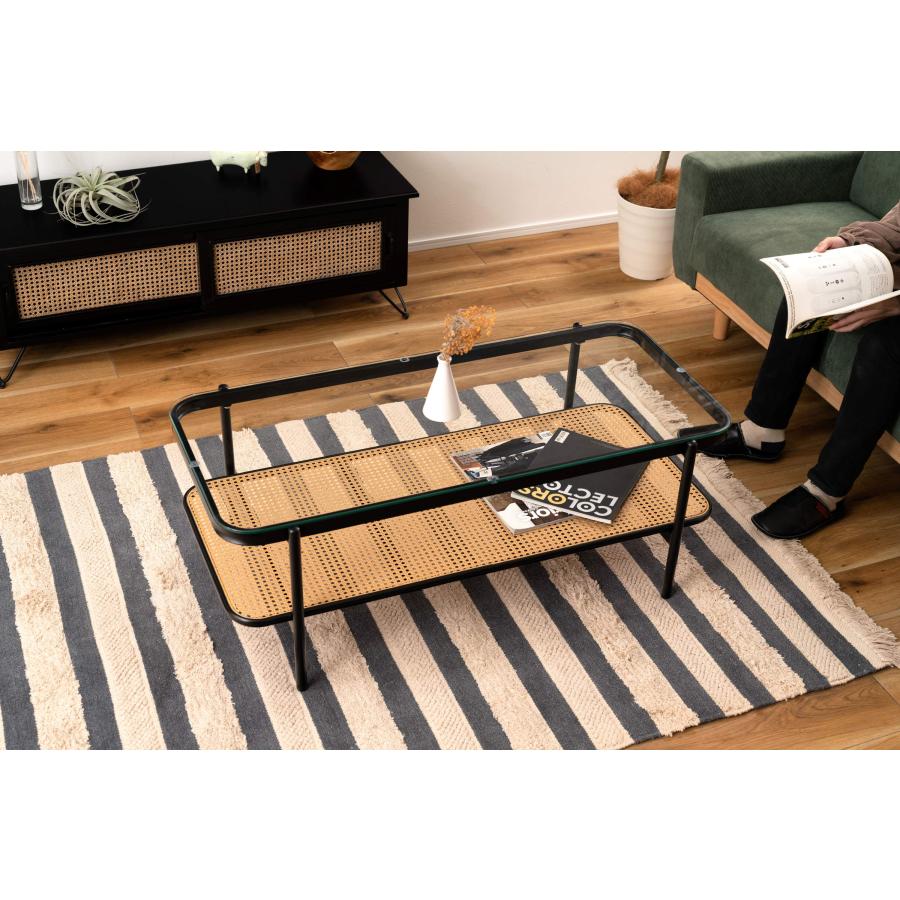 リビングテーブル ガラステーブル 幅110cm おしゃれ シンプル ブラック ディスプレイ収納 棚 インダストリアル ラタン テーブル 机 |  | 06