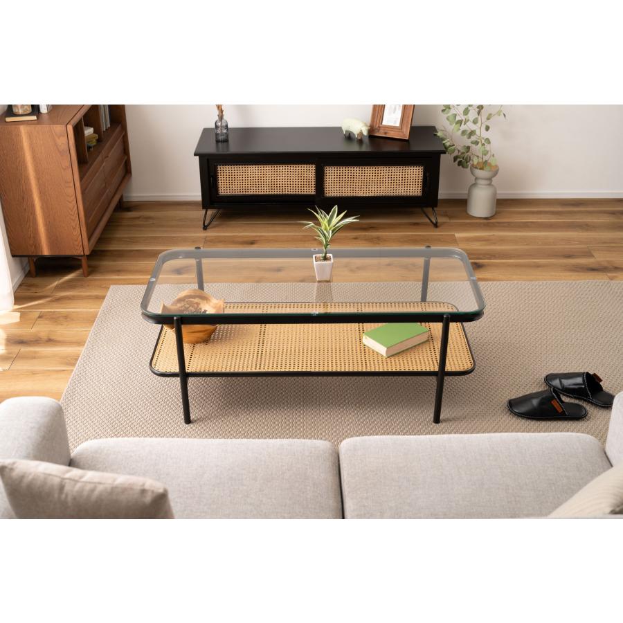 リビングテーブル ガラステーブル 幅110cm おしゃれ シンプル ブラック ディスプレイ収納 棚 インダストリアル ラタン テーブル 机 |  | 09