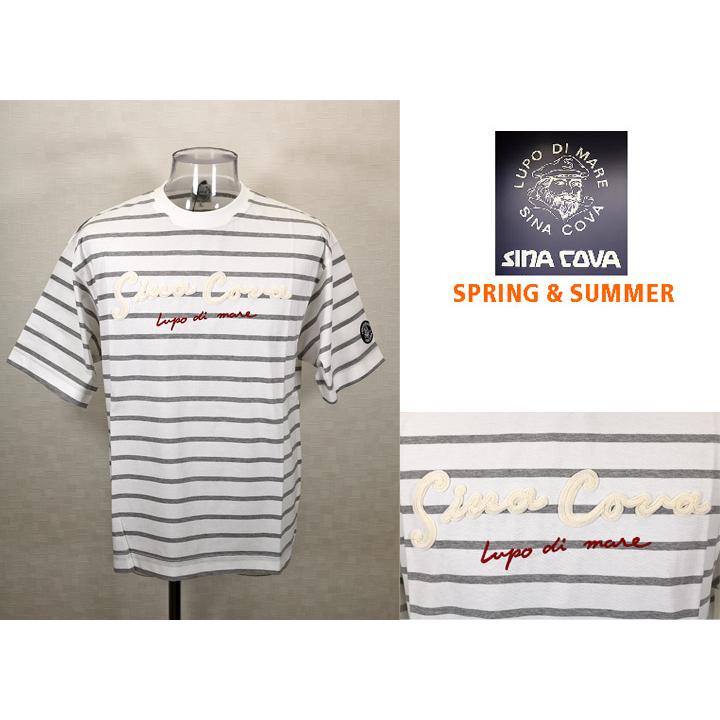 ★シナコバ【*001*】【25周年*001*】＜４0％OFF＞春夏半袖Ｔシャツ＜L・LL＞ホワイト×モクグレー・ボーダー-ea401 | SINA COVA | 01
