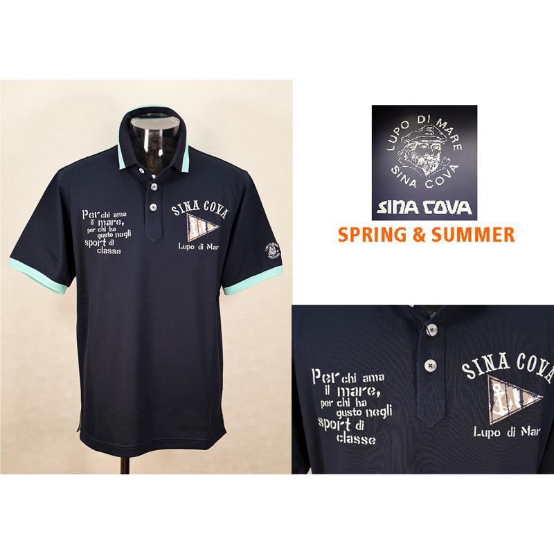 【新品未使用品　タグ付】シナコバ　半袖 総柄　ポロシャツ　L 日本製　ネイビー SINA COVA（シナコバ） ☆シナコバ【*001*】2024・春・夏＜30%OFF