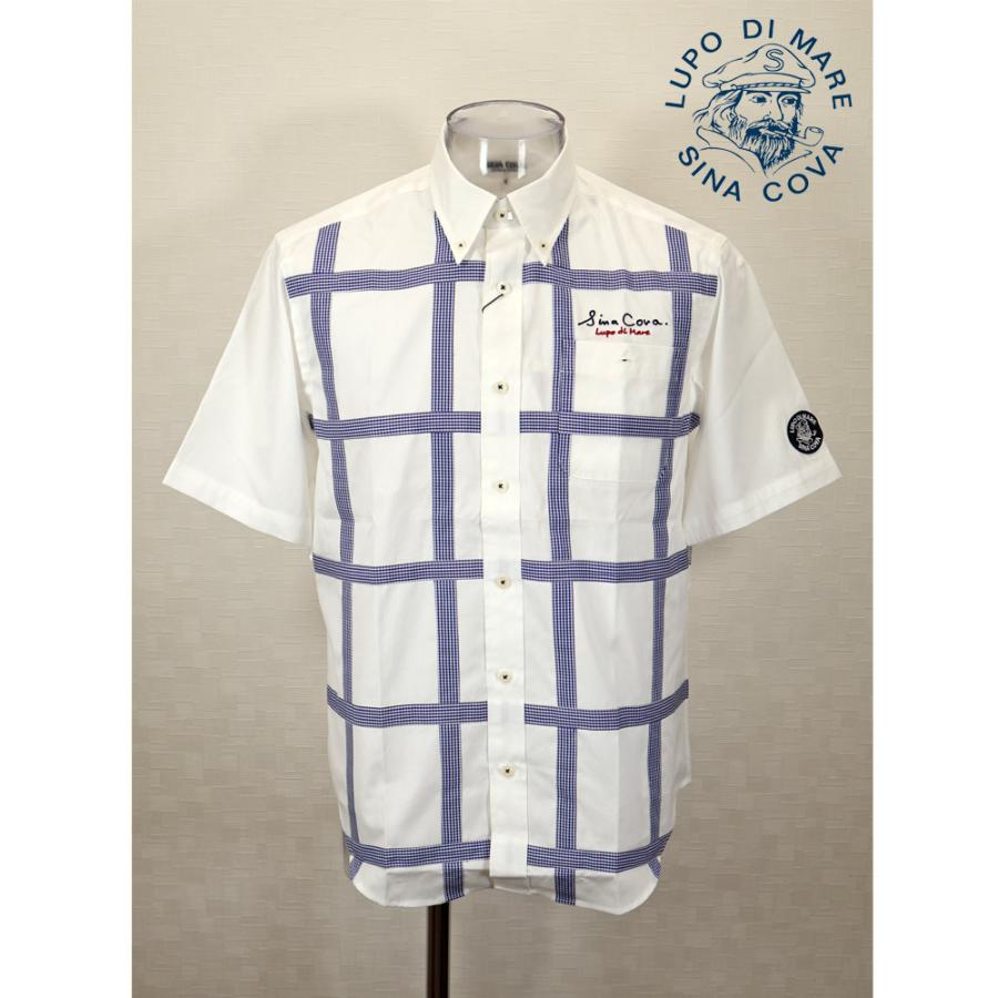 SINA COVAシナコバ 半袖チェックシャツ 紺×白 刺繍 ボタンダウン M 公式】シナコバ （SINA COVA） クレイジーパターンチェック柄