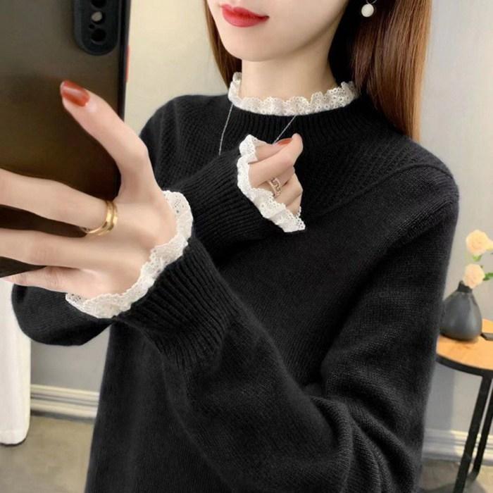 ニットセーター レディース レースニット トップス 上品 長袖 着回し