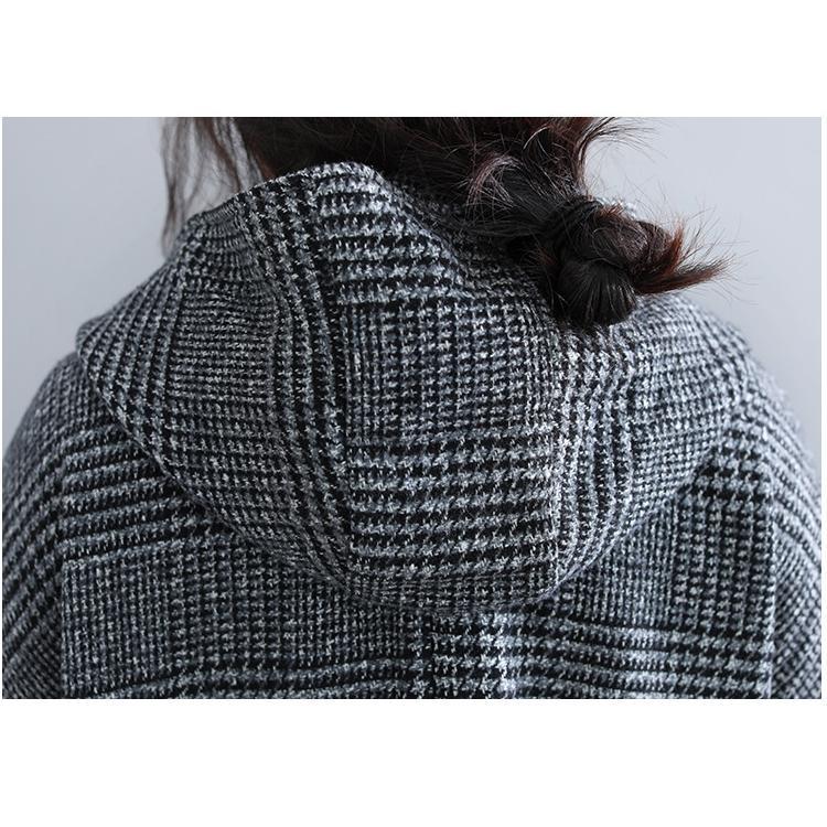 チェスターコート レディース チェック柄 千鳥柄 フード付き ロングコート 大きいサイズ アウター 大人 秋冬 コート 防寒 ゆったり ラグランスリーブ チェスターコート レディース チェック柄 千鳥柄 フード付き ロング