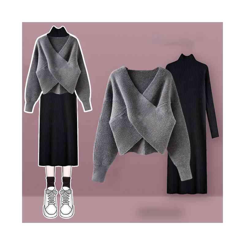 送料無料 2点セット クロスニット ニットワンピース 上下セット