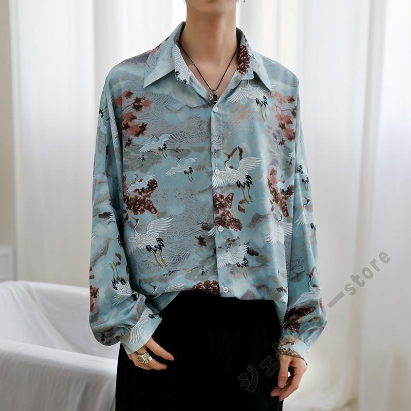 ビッグシルエット シャツ アフリカン カジュアルシャツ ストライプ ファッション ボタニカル メンズ 和柄 和風 柄 民族 長袖 韓国 韓流 鶴 今季一番 メンズ