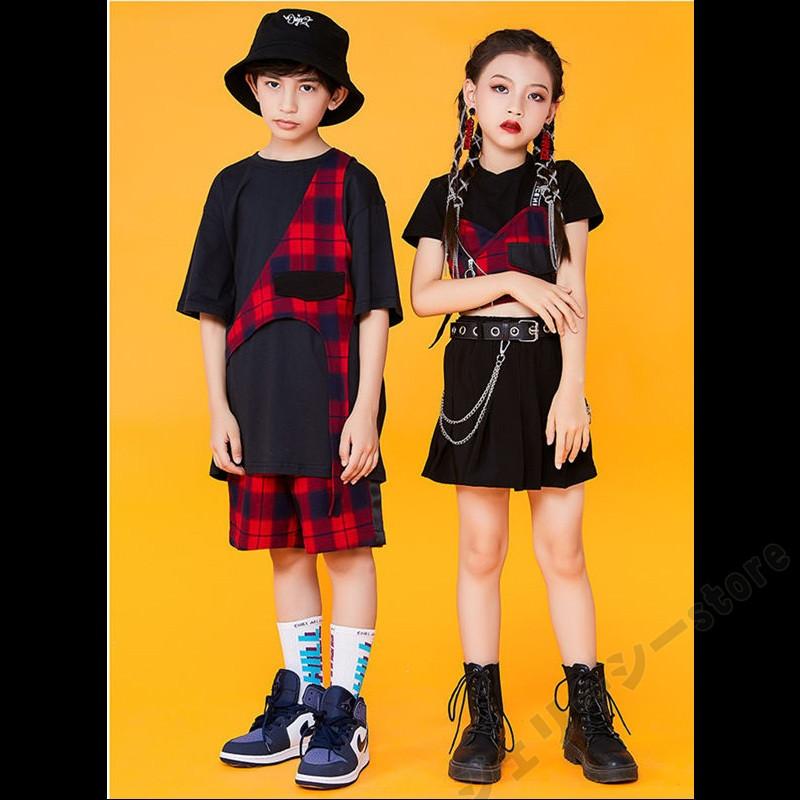 キッズダンス衣装 ヒップホップ 半袖 レッド チェック柄 スカート ショートパンツ ブラック 女の子 男の子 演出服 卒業式 1 170cm ブランド激安セール会場