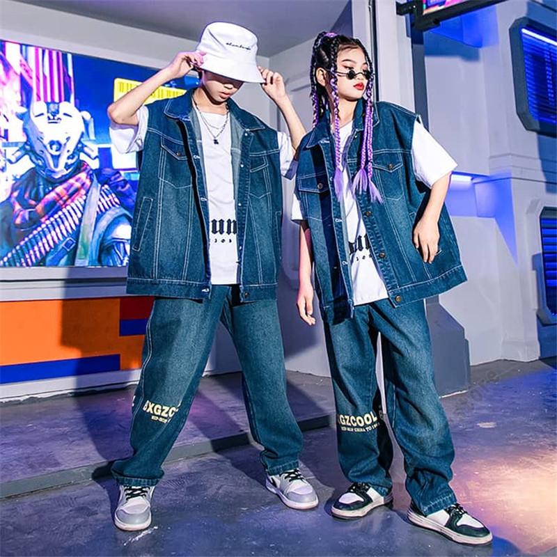 ダンス 衣装 キッズ ヒップホップ ロングパンツ ベスト デニム ブルー ジーンズ 子供服 hiphop jazz 練習着 団体服 発表会 舞台服 120-180cm｜guiote-golf｜04