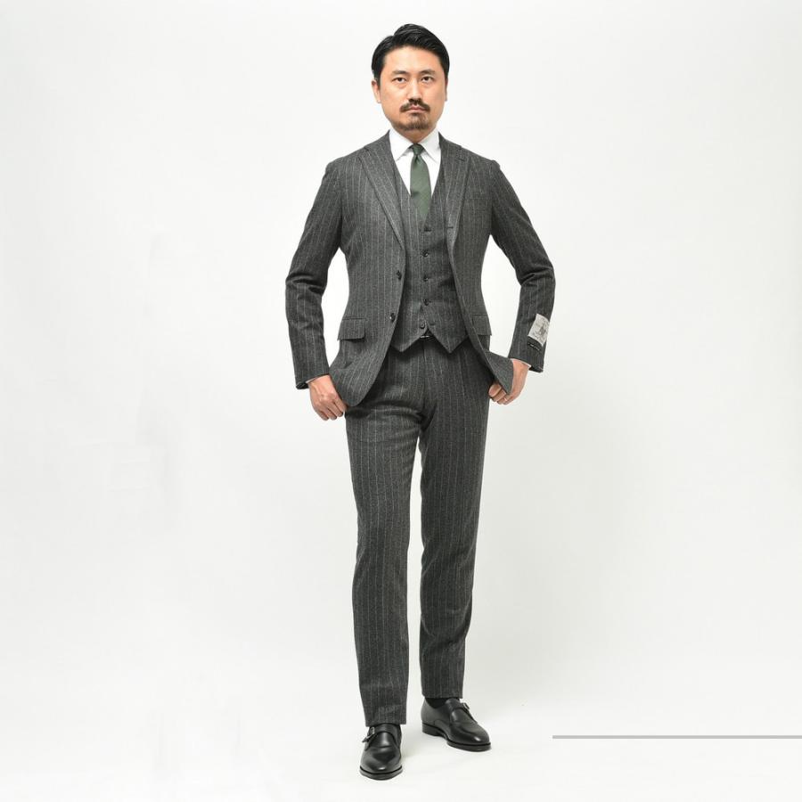 RING JACKET ✖️guji ダークグレー ストライプ スーツ50 guji（グジ）ウールフランネルチョークストライプ3B1プリーツスーツ