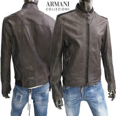 アルマーニコレッツォーニ メンズ ARMANI ジップ持ち手ロゴ刻印 ラムレザーシングルライダースジャケット COLLEZIONI メンズ