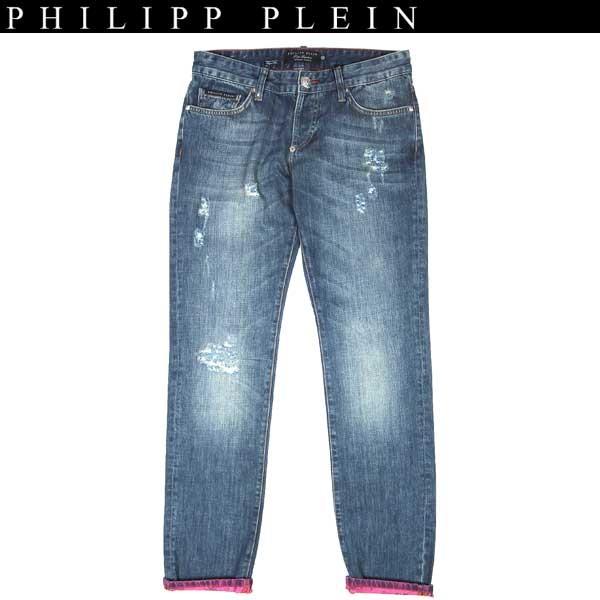 フィリッププレイン パンツ Philipp Plein メンズ パンツ ボトムス ガッツブランドショップのフィリッププレイン ロゴ クラッシュ加工 ロールアップ部分プリント付デニム クラッシュ加工 ロールアップ部分プリント付デニム インディゴブルー Ss13 Hm5062 08ab 13s