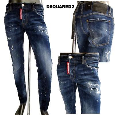 ディースクエアード(DSQUARED2) メンズ デニム 革パッチフロントデカタグ付クラッシュ・ペイント加工スキニーパンツ ブルー