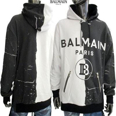 バルマン(BALMAIN) メンズ サイドジップ付バイカラーダメージ加工BALMAINロゴプリント付パーカー 黒 白 SH03248 I237