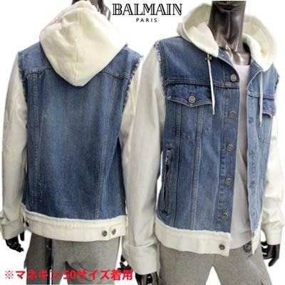 バルマン BALMAIN メンズ アウター ジャケット デニムジャケット ロゴ ダメージ加工・ロゴ刻印ボタン付デニムドッキングフードジャケット ブルー (R258000) 02S