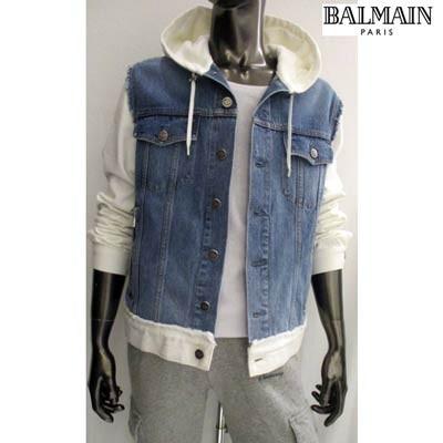 「超メルカリ市」 バルマン BALMAIN メンズ アウター ジャケット デニムジャケット ロゴ ダメージ加工・ロゴ刻印ボタン付デニムドッキングフードジャケット ブルー (R258000) 02S 【C4093554440】(144480円)
