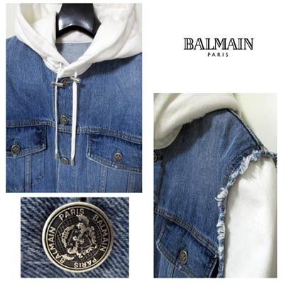 「超メルカリ市」 バルマン BALMAIN メンズ アウター ジャケット デニムジャケット ロゴ ダメージ加工・ロゴ刻印ボタン付デニムドッキングフードジャケット ブルー (R258000) 02S 【C4093554440】(144480円)