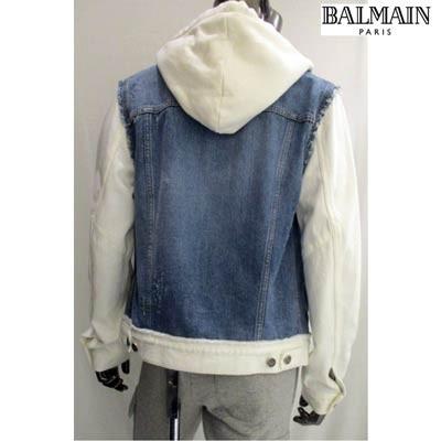 「超メルカリ市」 バルマン BALMAIN メンズ アウター ジャケット デニムジャケット ロゴ ダメージ加工・ロゴ刻印ボタン付デニムドッキングフードジャケット ブルー (R258000) 02S 【C4093554440】(144480円)