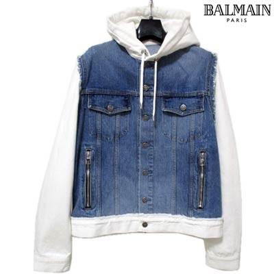 「超メルカリ市」 バルマン BALMAIN メンズ アウター ジャケット デニムジャケット ロゴ ダメージ加工・ロゴ刻印ボタン付デニムドッキングフードジャケット ブルー (R258000) 02S 【C4093554440】(144480円)