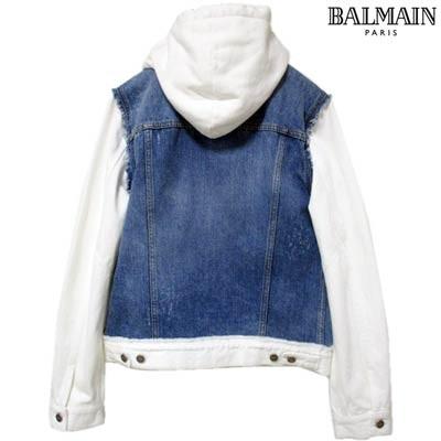 「超メルカリ市」 バルマン BALMAIN メンズ アウター ジャケット デニムジャケット ロゴ ダメージ加工・ロゴ刻印ボタン付デニムドッキングフードジャケット ブルー (R258000) 02S 【C4093554440】(144480円)