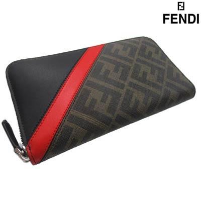 フェンディ FENDI メンズ 財布 ウォレット 長財布 ロゴ ユニセックス可 レッドライン・FFズッカ柄入りロングウォレット ブラウン