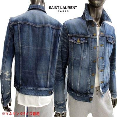 サンローランパリ メンズファッション SAINT LAURENT アーム/袖口/裾部分デストロイクラッシュ加工デニムジャケット PARIS