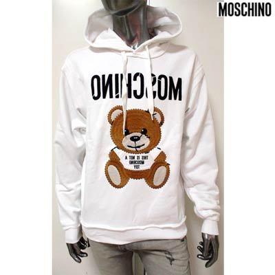 モスキーノ MOSCHINO メンズ トップス パーカー フーディー ロゴ 2color 生地裁断/ダメージ加工・MOSCHINO  BEAR刺繍ロゴ付パーカー 白/黒 (R101200) 121