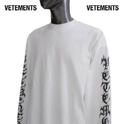 ヴェトモン VETEMENTS メンズ トップス Tシャツ ロンT 長袖 ロゴ スリーブ部分ロゴプリント バックネック部分VETEMENTS刺繍ロゴ  ロングTシャツ ホワイト