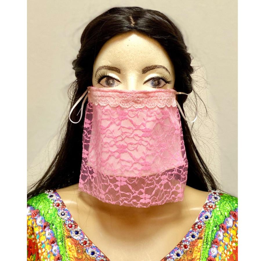 フェイスベール face veil アラブ風マスク（冷感タイプ レースピンク）洗える！運動・飲食しやすい・接客業にお勧め fv39 fv39