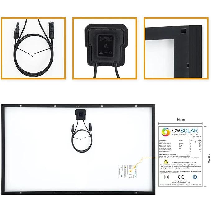 影に強い!! GWSOLAR 150W 太陽光パネル 変換効率向上へ【12V充電/電流 