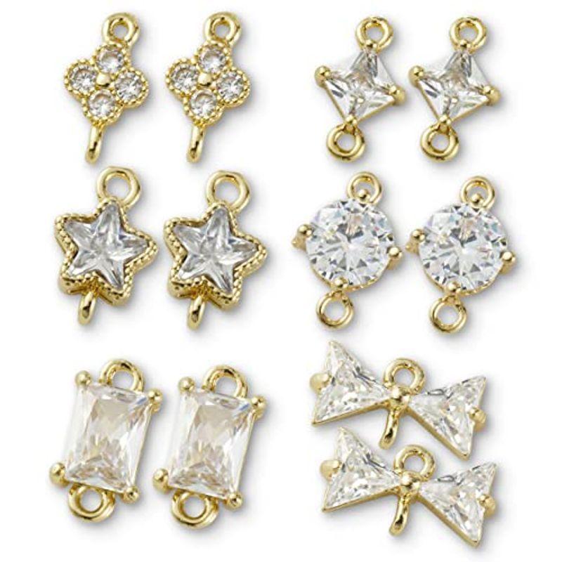 ガラスストーン カン付き コネクター チャーム リボン 丸 四角 星 花 ラインストーン 両方カン ピアス アクセサリー パーツ 6種12個 最安値挑戦