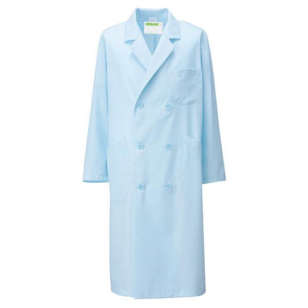 KAZEN 再再販 メンズ診察衣W型長袖 ドクターコート 医療白衣 交換無料 サックスブルー 255-91 水色 ダブル M 直送品
