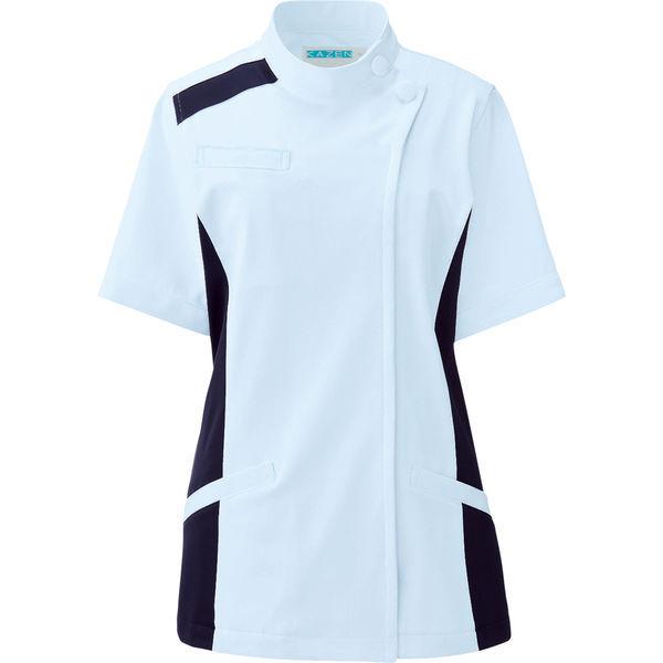 KAZEN レディスジャケット半袖 （ナースジャケット） 医療白衣 サックスブルー（水色）×ネイビー M 084-21（直送品）