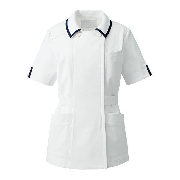 KAZEN レディスジャケット半袖 医療白衣 ホワイトxネイビー 9号 YW132-1（直送品）