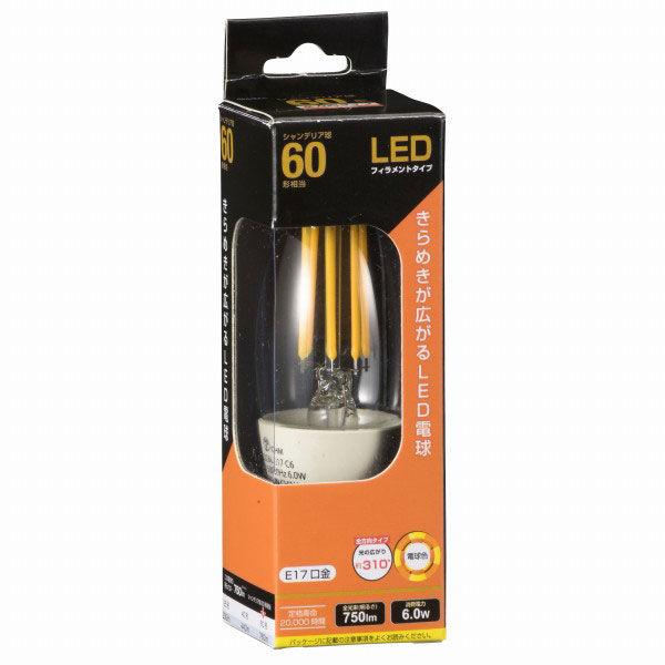 オーム電機 LED電球 フィラメント シャンデリア形 E17 60W相当 クリ LDC6L-E17 C6 1個