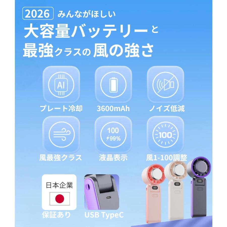 ハンディファン 冷却プレート 2026 日本企業 保証 大容量 3600mAh 強風