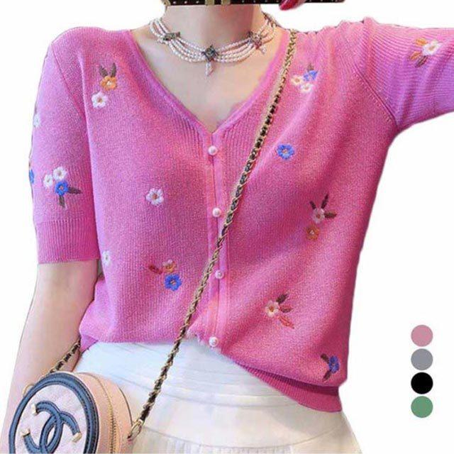 サマー ニット Vネック レディース ニットカーディガン 夏 花柄 刺繍カーディガン 半袖 ｖネック ゆったり 送料無料 シンプル ニット トップス Fxrc5q5qit ファッション Valleymill Com
