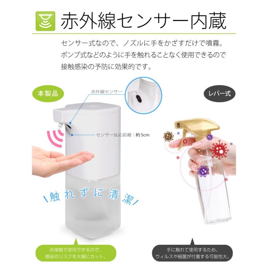 アルコールディスペンサー アルコール 消毒 非接触 自動 噴霧器 オートディスペンサー オートマチック 手指消毒 大容量350ml 赤外線センサー 日本語説明書付き｜hac2ichiba｜03