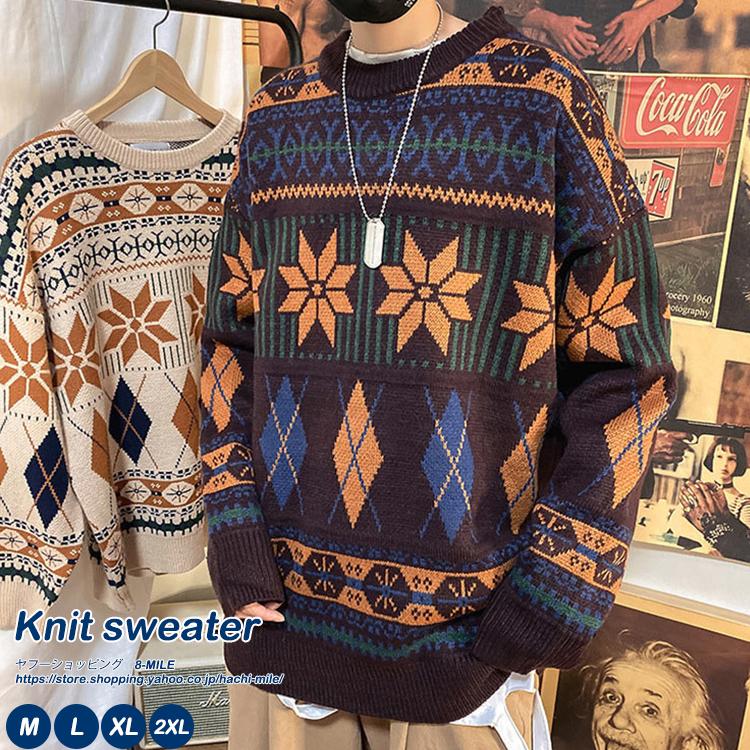 メンズファッション 黒タタキsl 朱天黒 ニットセーター メンズ 長袖 春 秋 冬 レトロ 総柄 ゆったり カップル レディース イギリス風 紳士服 Oo7ifttcid Tritop Com Br