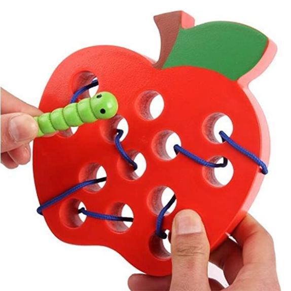 紐通し 木製 知育玩具 おもちゃ モンテッソーリ 教具 りんご : Hachi