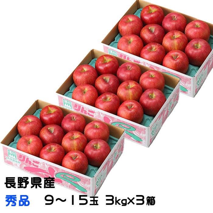 りんご サンふじ 3kg×3箱 秀品 9〜15玉 長野県産 信州高山さわやか
