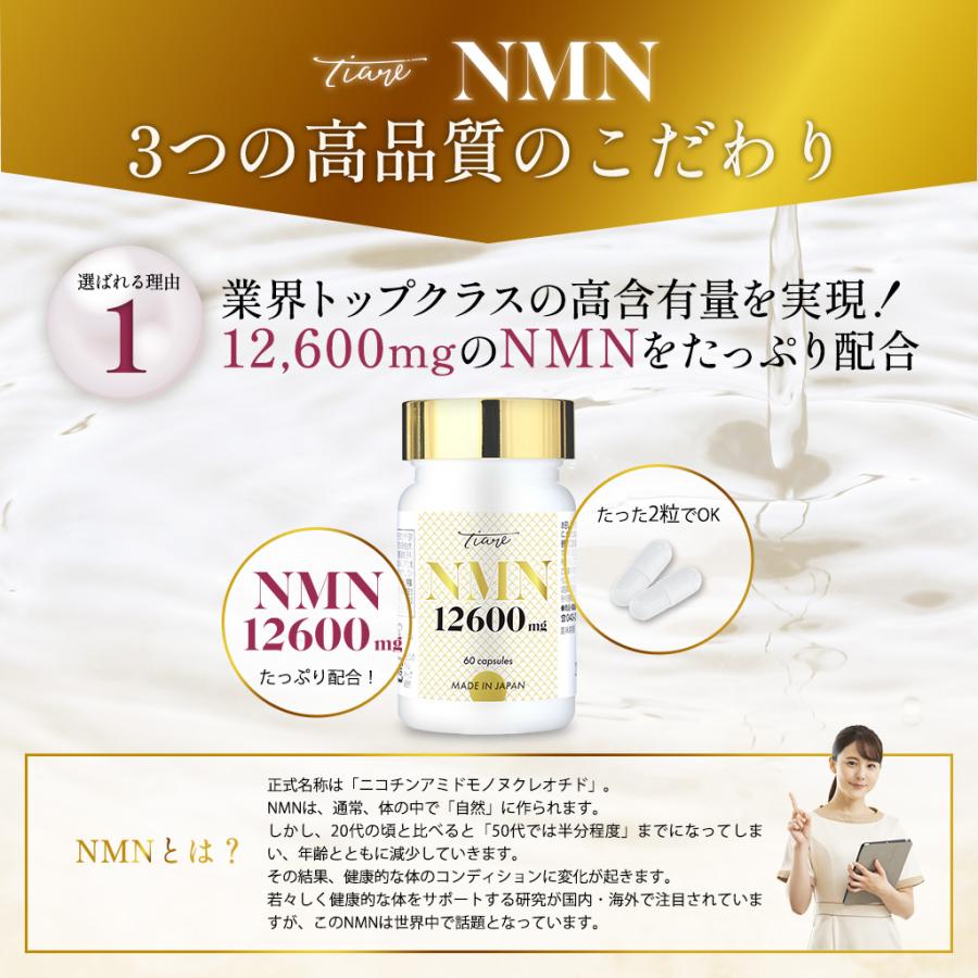 NMN 12,600mg 純度100％ 成分 プラセンタ レスベラトロール コエンザイム ブドウ種子エキス アルファリポ酸 国内GMP認定工場 30日分 60カプセル TIARE ティアレ｜hadakakushi｜03